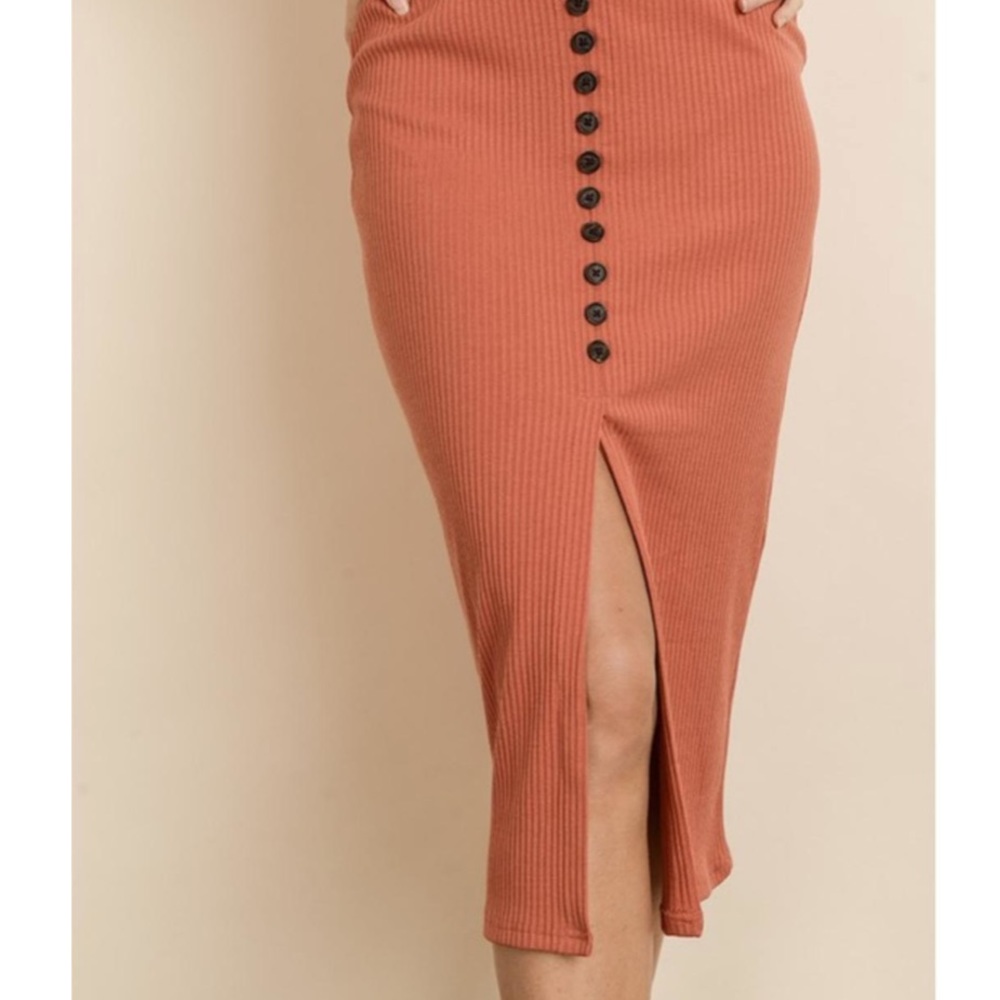 Dress Forum Ribbed Button Orange Midi Dress - Picture 2 of 11